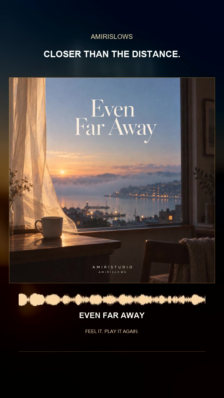 Even Far Away vertical visual with a soft sunrise, window and coffee cup