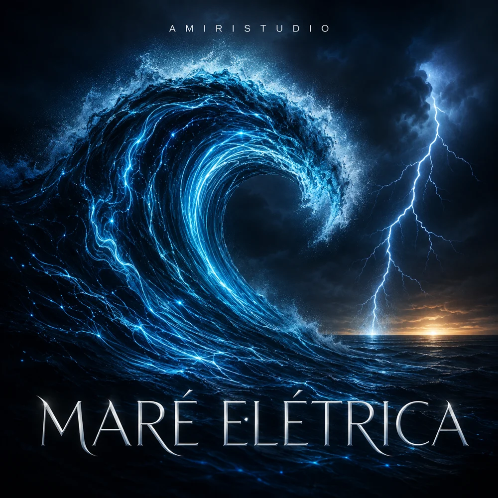 Maré Elétrica cover: an electric blue wave beneath a lightning-filled sky