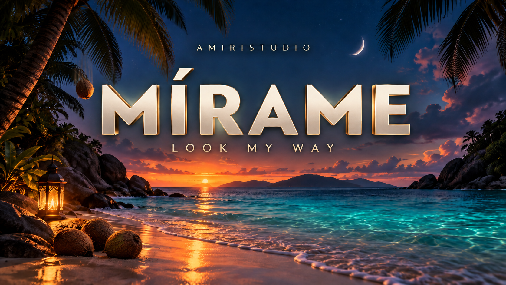 MÍRAME artwork: a tropical sunset framed by palms and coconuts